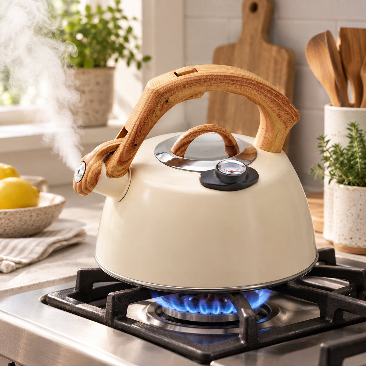 Bouilloire à sifflet 3 L – Thermomètre intégré – Beige